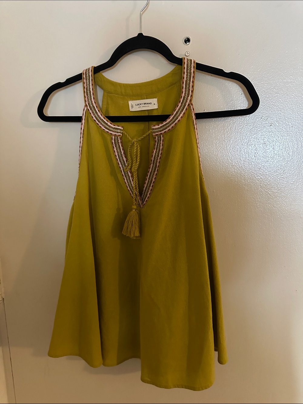 Lucky Brand Green Solid V-Neck Tank Top Tassel Tie Sleeveless Women's M
